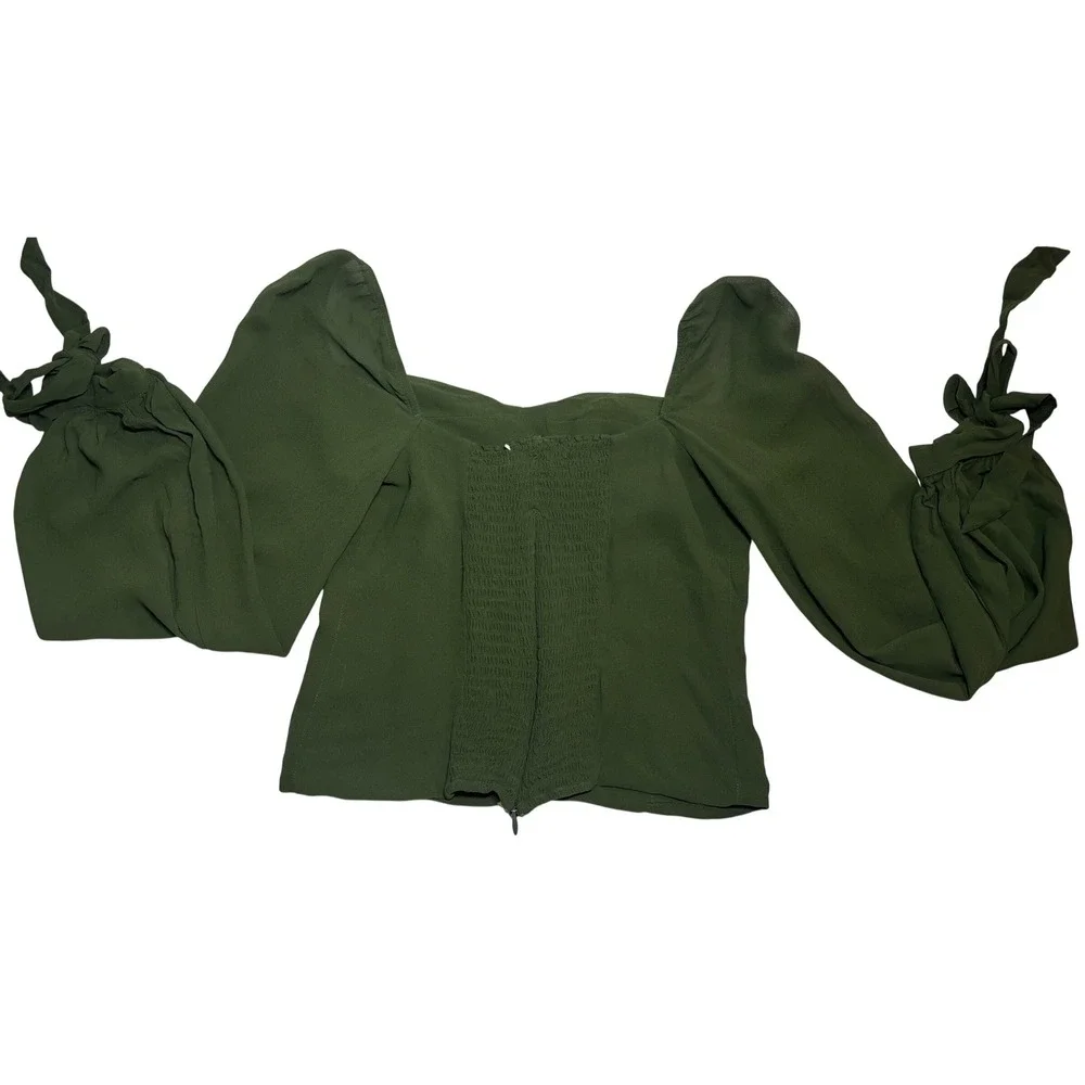 Reformation Top Women's Olive Green New With Tags Puff Sleeve Tie Cuff 8